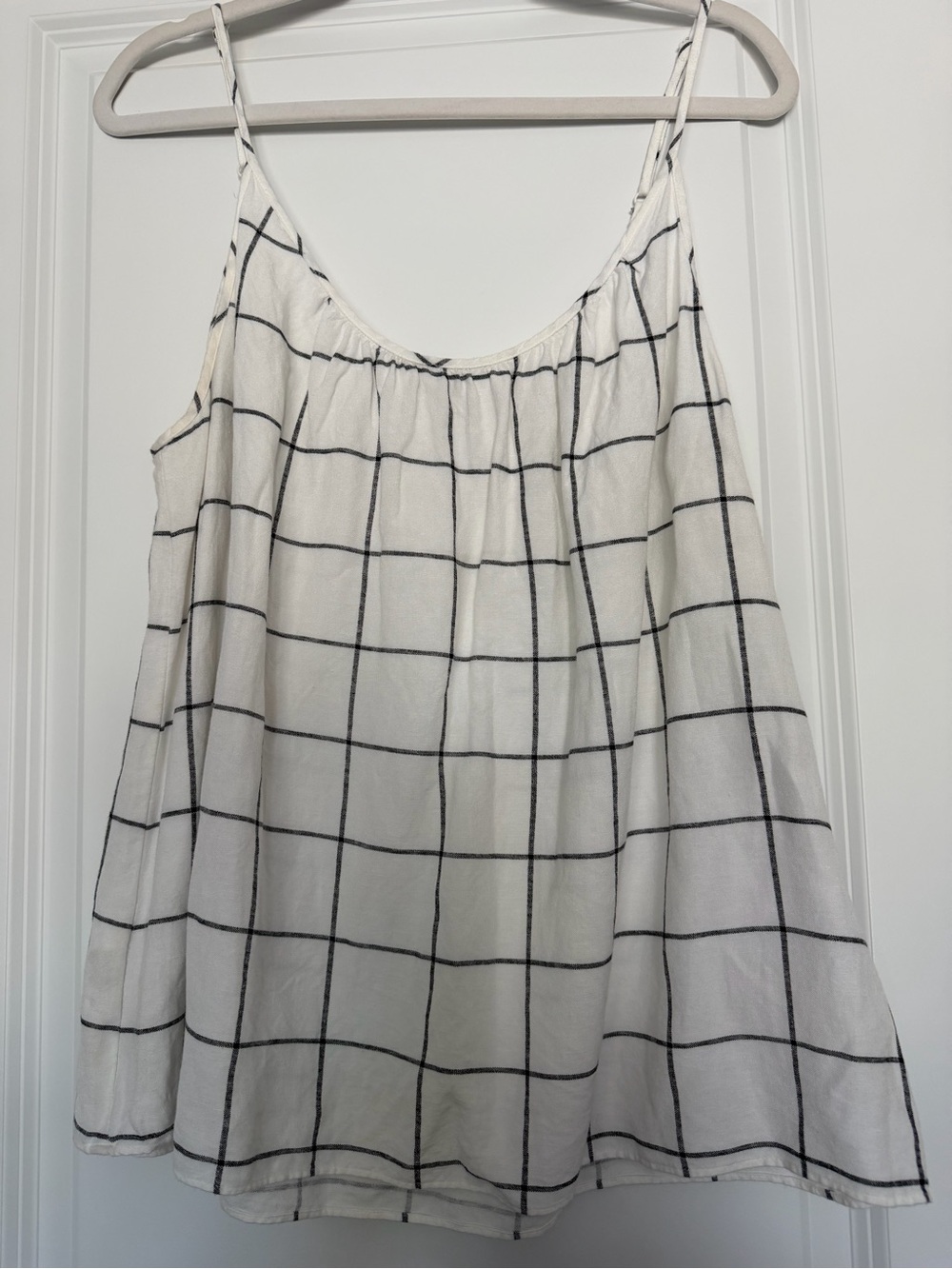 White Windowpane Grid Spaghetti Strap Tank- Linen